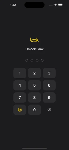 Laak lock screen with PIN pad and biometric authentication