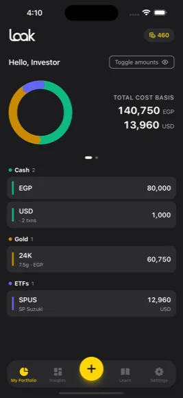 Laak portfolio screen showing holdings across cash, gold, and ETFs